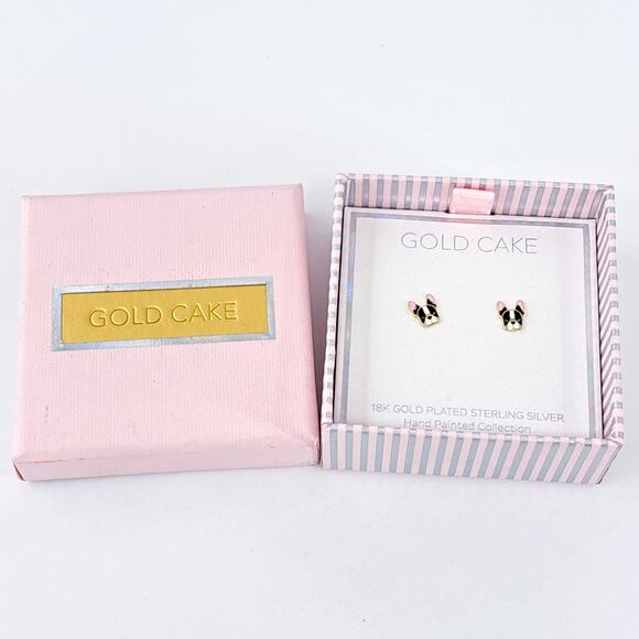 NIB Gold Cake Boston Terrier Gold-Tone Sterling Silver 925 Stud Earrings - Picture 6 of 10